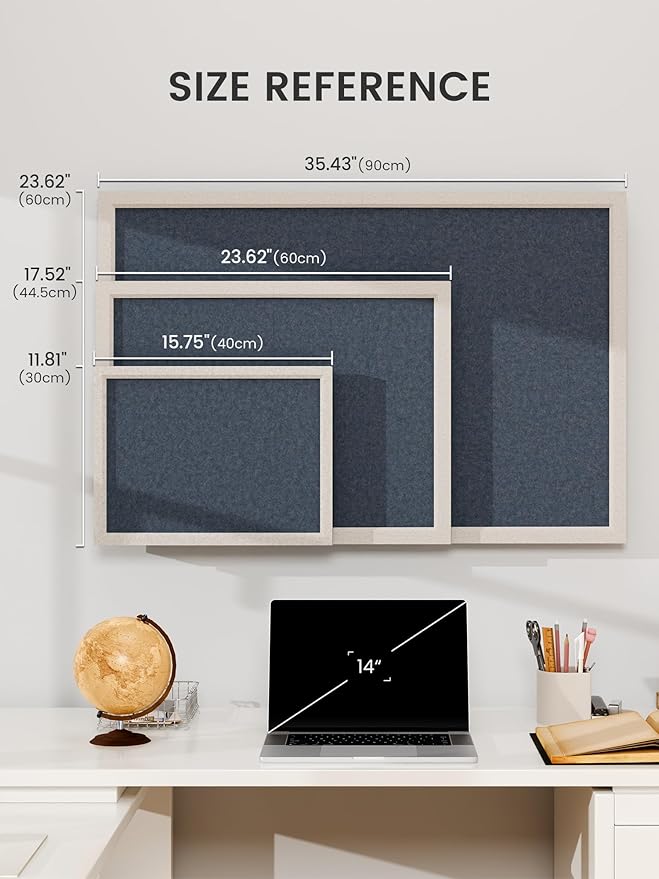 Felt Cork Board Alternative, Felt Bulletin Board 16" x 12" Oatmeal Frame with 8 Adhesive Tabs, Pin Board for Home Office, Classroom, Entryway, Kitchen Wall Decor—Navy Blue