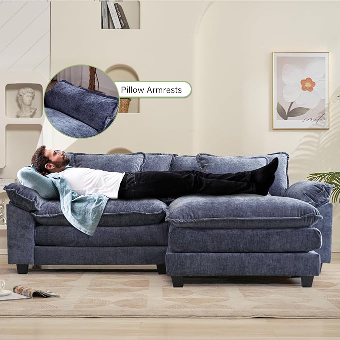 86" Modular Sectional Sofa, Comfy Cloud Couch Sectional Sofa with Ottoman, Chenille Sofa Sleeper Deep Seat Sofa with Throw Pillows for Living Room (Blue, 86"- L Shape)