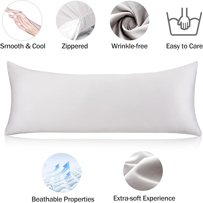 Best Season 100% Cotton Body Pillow Case Cover with Zipper Wrinkle-Free, 400 Thread Count Super Soft Pillowcase for Body Pillow, Breathable Long Pillow Protector 21"" x 54"" Light Grey