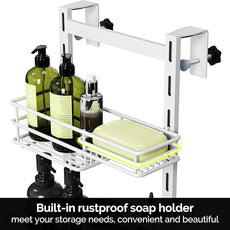 Orimade Over the Door Shower Caddy Adjustable 5 Tier Black,Bathroom Hanging Organizer Shelf Rustproof with 4 Hooks,Shower Basket with Soap Holder and Suction Cup, White