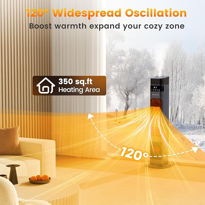 Auertech Space Heater with Humidifier, 3 in 1 Portable Electric Heater with 3D Flame & Water Tank, Oscillating Room Heaters with 12H Timer, 31" Tower Heaters for Indoor Use Large Room, Office, Bedroom