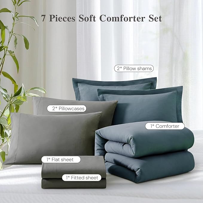 WRENSONGE Queen Comforter Set - 7 Pieces Blue Grey Bed in a Bag Queen with Sheets, 2 Pillow Shams, and 2 Pillowcases- Warm Bedding Sets Queen for All Season