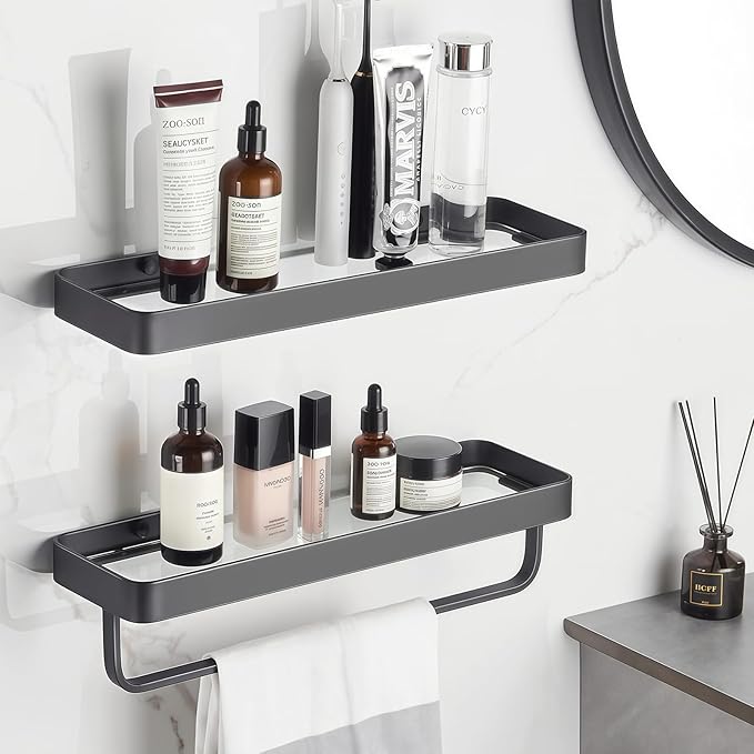 2PCS 15.7 Inch Floating Bathroom Shelves with Towel Bar, Clear Tempered Glass Wall Shelf with Hand Towel Holder for Bathroom Storage Organizer, Matte Black