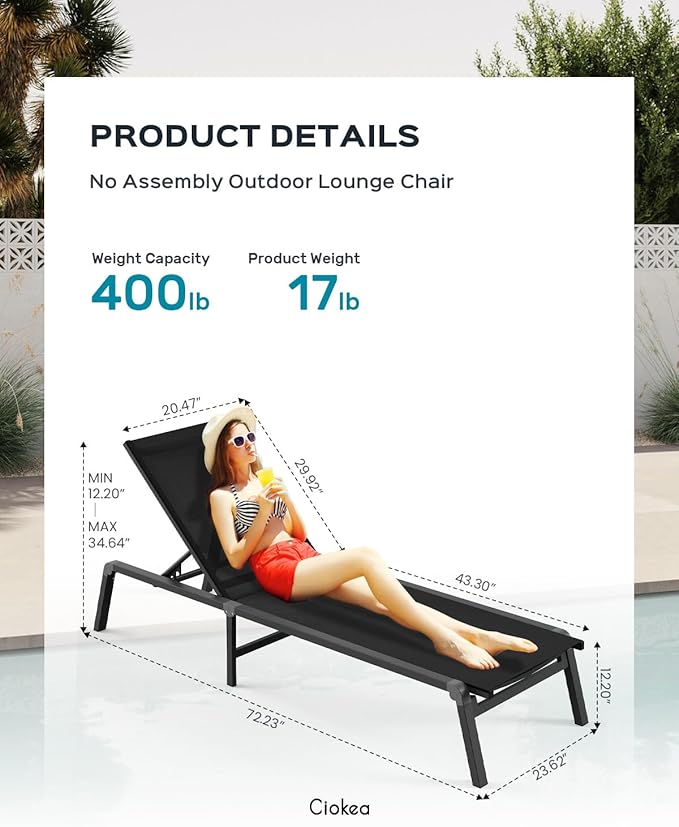 Patio Chaise Lounge Chair, Foldable Lounge Chair for Outside, Aluminum Chairs Set of 2 with 5 Adjustable Backrest, Outdoor Pool Lounger for Poolside, Lawn, Deck, Black