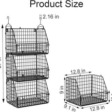 Stackable Wire Storage Baskets for Kitchen Closet Pantry, Hanging Closet Organizers Storage Shelves Organization, Wall Mount Metal Basket Bins, Clothing Vegetable & Fruit Organizer 3 pcs
