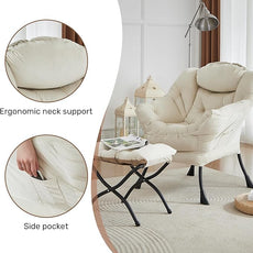 HollyHOME Lazy Chair with Foldable Ottoman, Accent Comfy Lounge Armchair and Folding Footrest Stool, Leisure Sofa Reading Chair and Footstool for Living Room, Bedroom, Dorm,Velvet Beige