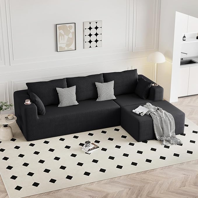 Furnimart 112" L-Shaped Modular Sectional Sofa with Ottoman, Boneless Cloud Couch with Chaise for Living Room, Modern Deep Seat Lounge Sleeper Couch Bed, No Assembly, Corduroy Black