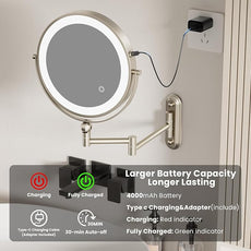 Rocollos 9-Inch Large Makeup Mirror with 30X Magnification, Rechargeable Wall Mounted Vanity Mirror with Lights, 3 Color Dimmable LED, Touch Screen & Retractable Arm-Black (9INCH-Nickel)