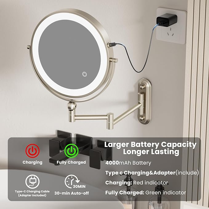 Rocollos 9-Inch Large Makeup Mirror with 30X Magnification, Rechargeable Wall Mounted Vanity Mirror with Lights, 3 Color Dimmable LED, Touch Screen & Retractable Arm-Black (9INCH-Nickel)