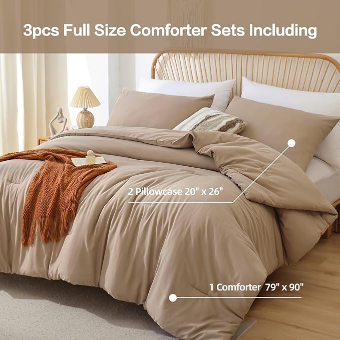 ROSGONIA Comforter Full Size for Girls Boys Teens Taupe Brown, 3pcs(1 Boho Tan Comforter & 2 Pillowcases), Lightweight Dorm Bedding All Season Bed Set