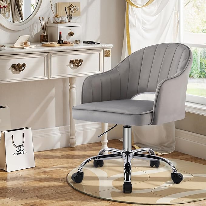 MOJAY Modern Vanity Chair with Wheels, Mid-Back Cutout Velvet Home Office Chair, Swivel Height-Adjustable Soft Seat Cute Desk Chair with Arm Support (Dove Grey)