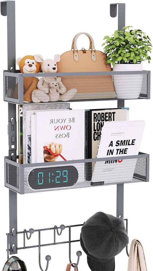 Consumest Over The Door Hooks Organizer - Extra Long Door Hanger with 9 Coat Hooks & 2 Mesh Basket, Back Storage Organizer Hanging Towels for Bathroom, Bedroom - Grey (for 1.76 in Doors)