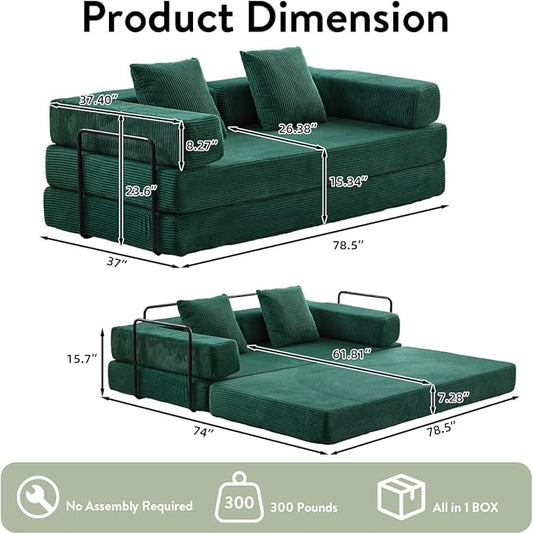 4-in-1 Convertible Folding Sleeper Sofa Bed, Fold Out Floor Sofa Couch with Fixed-Shape Frame, Cloud Corduroy Foldable Mattress Couch for Living Room Bedroom (78.5" Corduroy, Dark Green)