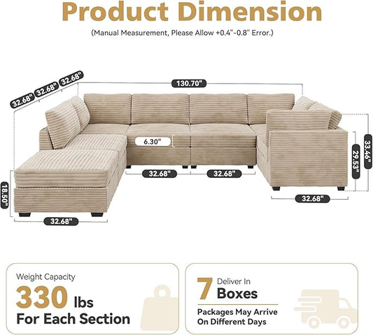 Large 7 Seat Modular Sectional Sofa with Ottoman Seat Corduroy Sleeper Sectional Sofa Bed Oversized Convertible Modular Couch for Living Room