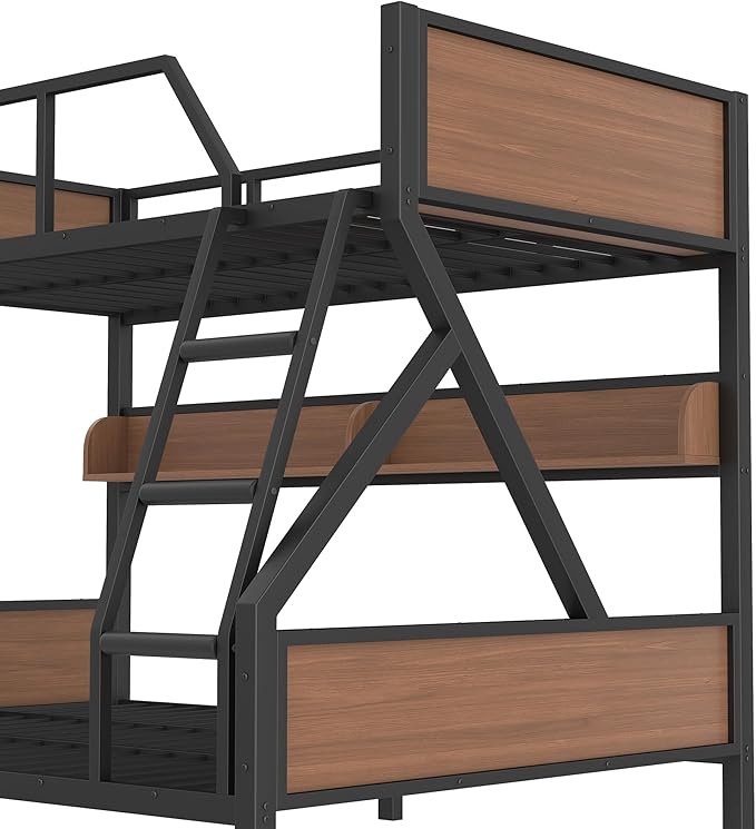 Full XL over Queen Bunk Bed with Storage Shelves, Metal Bunk Beds with Ladders and LED Lights, Heavy-duty Bunkbed for Bedrooms, Guest Rooms and Dorms, No Box Spring Needed and Noise-free Design, Black