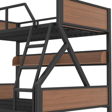 Full XL over Queen Bunk Bed with Storage Shelves, Metal Bunk Beds with Ladders and LED Lights, Heavy-duty Bunkbed for Bedrooms, Guest Rooms and Dorms, No Box Spring Needed and Noise-free Design, Black
