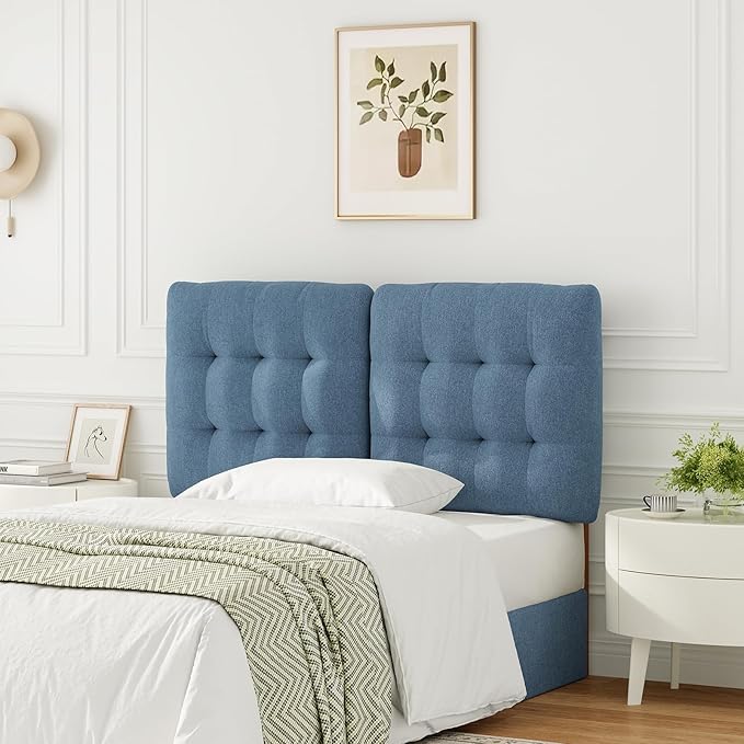 Tufted Upholstered Full Headboard, Adjustable Height Full Size Headboard Only from 39”to 44” with Durable Solid Wood Legs, Modern Button Diamond Fabric Head Board with Width Adapters, Blue