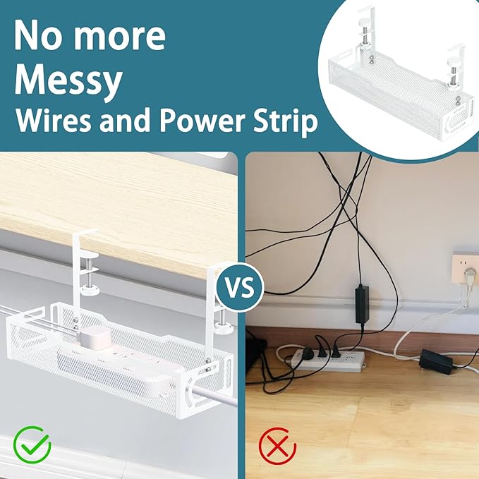 Under Desk Cable Management Tray, No Drill Mesh Desk Cable Tray, Wire Management Tray Cable Management Rack, Wire Organizer and Cable Management Box (White)