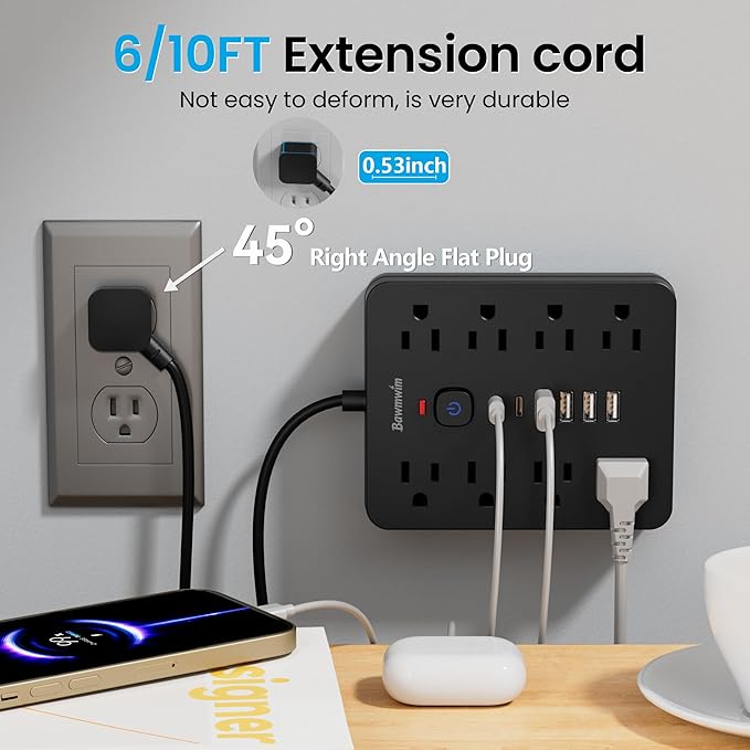 Surge Protector Power Strip, 8 Outlets(1250W/10A), 6 USB Charging Ports(2 USB C), 6FT Flat Plug Extension Cord Outlet Extender with Overload Protection, ETL Certified for Office, Dorm Room