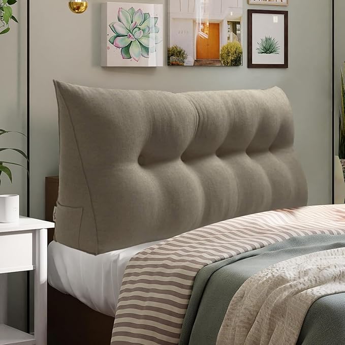 WOWMAX 85% Linen 15% Cotton Blend Headboard Pillow – Queen Size Reading Wedge Backrest for Bed, Handmade Firm Support Bolster Cushion with Removable Cover, Premium Bed Rest Pillow, Light Gray