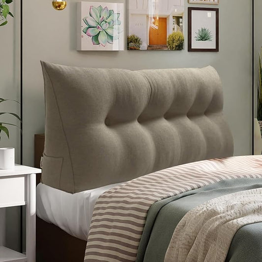 WOWMAX 85% Linen 15% Cotton Blend Headboard Pillow – Queen Size Reading Wedge Backrest for Bed, Handmade Firm Support Bolster Cushion with Removable Cover, Premium Bed Rest Pillow, Light Gray