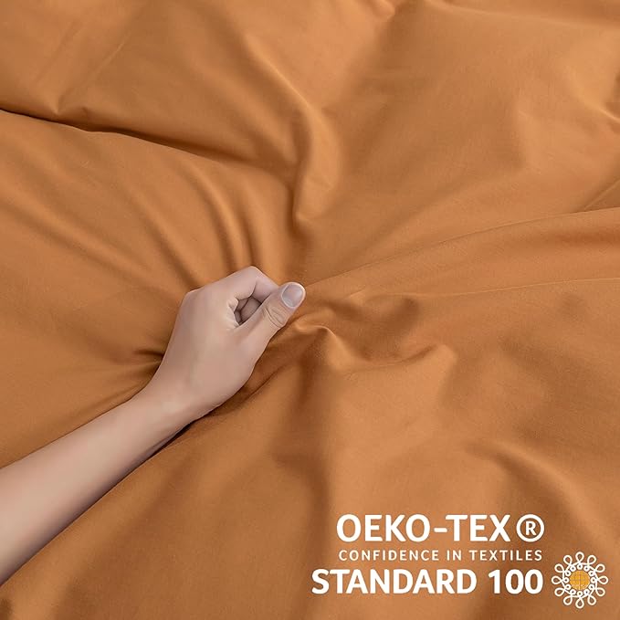 JELLYMONI Cotton Duvet Cover Queen Size - Burnt Orange Comforter Cover with Button 100% Washed Cotton 3PCS Breathable Soft Solid Bedding Set Duvet Cover 90×90in & 2 Pillowcases (NO Comforter)