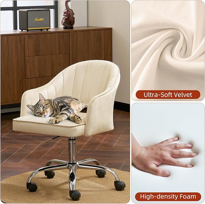 MOJAY Modern Vanity Chair with Wheels, Mid-Back Cutout Velvet Home Office Chair, Swivel Height-Adjustable Soft Seat Cute Desk Chair with Arm Support (Cream)