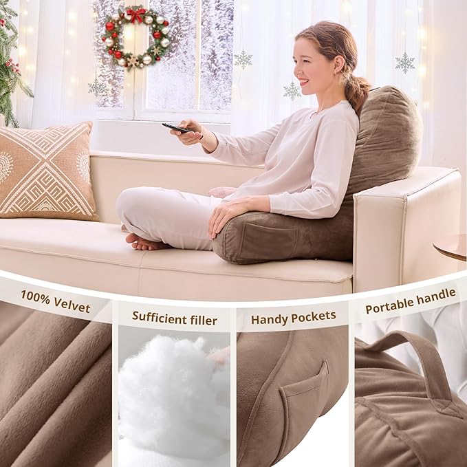 Sasttie Reading Pillow, Pillows for Reading or Relaxing – Ergonomic Support for Head, Neck, Back, and Lumbar, 23-Inch, Khaki