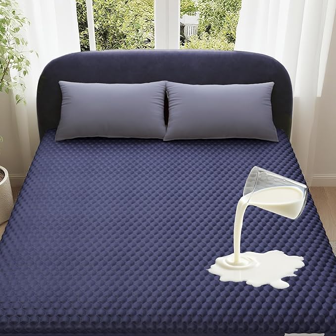 OhGeni 100% Waterproof Mattress Protector, Cal King-Navy Blue Size Mattress Pad, Fits 6"-20" Mattresses with Deep Pocket, Cooling, Breathable Fitted Sheets, Soft Bed Cover, Noiseless, Washable