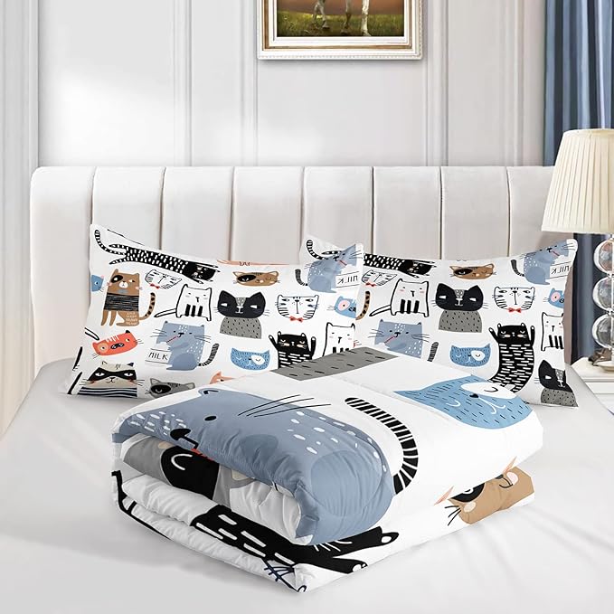 CVHOUSE Cat Bedding,Cartoon Cat Comforter Queen,Animals Print Comforter Set for Kids,Kawaii Quilt Set with 1 Comforter and 2 Pillow Cases