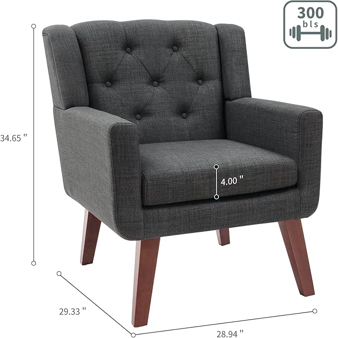 Accent Chair Button-Tufted Upholstered Living Room Chairs Comfy Reading Chair Mid Century Modern Chair with Linen Fabric Lounge Arm Chairs for Living Room Bedroom (Dark Grey)