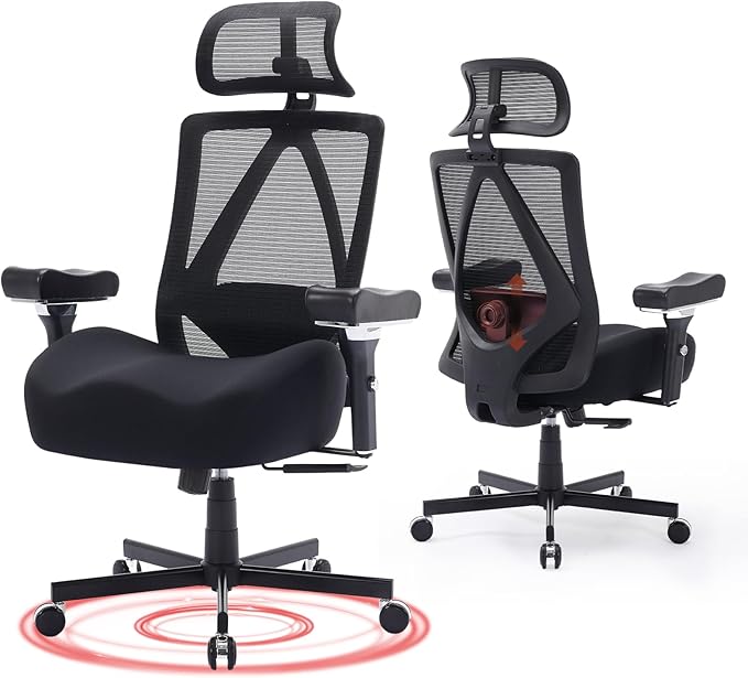 Big and Tall Office Chair 500lbs, Ergonomic Desk Chair with W Wide Thick Cushion, Executive Mesh Office Chair with Adjustable Headrest, Lumbar, 4D Armrest, Computer Task Chairs for Heavy People, Black