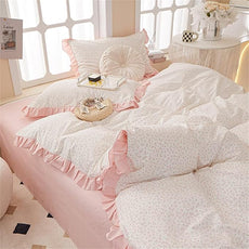 MKXI Full Size Small Floral Ruffle Comforter Set - 3 Piece Countryside Floral Comforter with Pillow Shams, Reversible White Pink Princess Bedroom Collection, Soft Aesthetic Bedding Set for Teen Girls