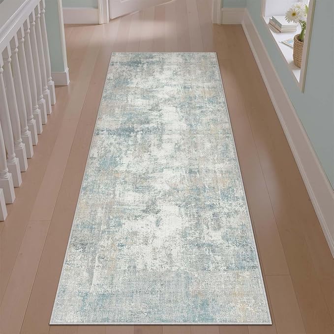 2x5 Washable Runner Rug Blue Cream Abstract Hallway Kitchen Throw Rug Neutral Modern Non Slip Soft Low Pile Lightweight Carpet for Bathroom Laundry Bedroom Living Room