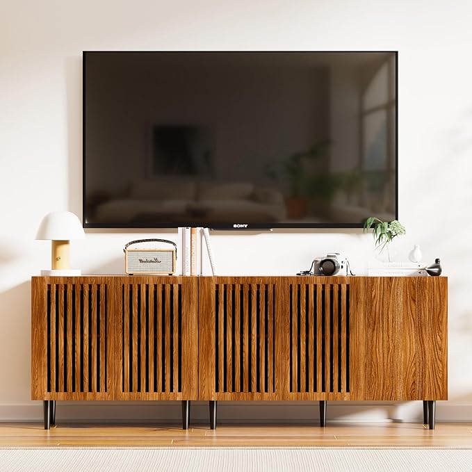 CHUWELL Farmhouse TV Stand, 78.7" Storage Cabinet with 5 DIY Doors and Adjustable Shelf, Sideboard Coffee Bar Cabinet with Solid Wood Feet for Kitchen,Dining Room,Living Room,Brown