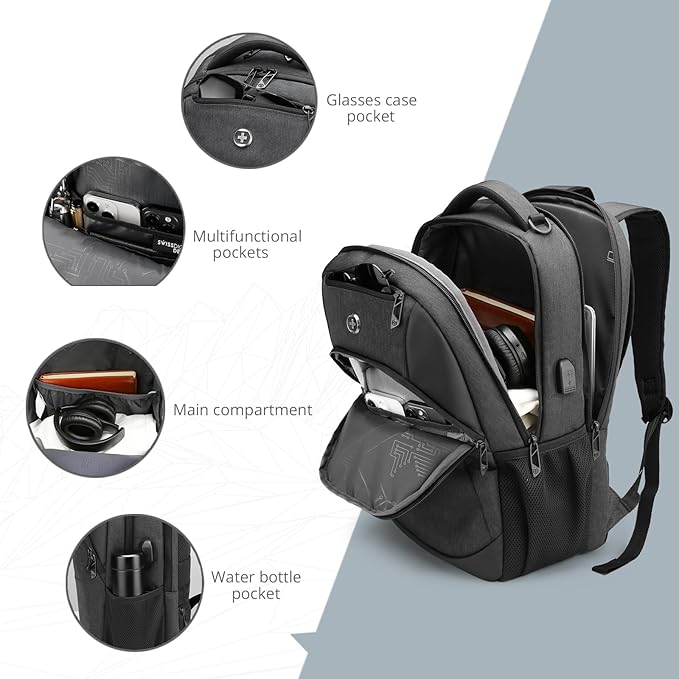 Swissdigital Design Business Laptop Backpack, College Laptops Backpack with USB Charging Port for Men and Women Fits 16 Inch Notebook, Grey-Finder Color Random