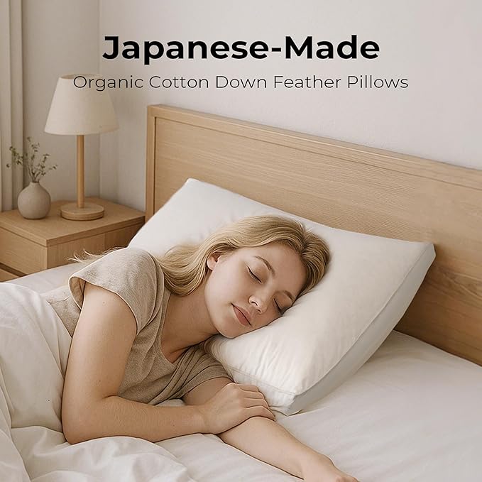 UNIKOME White Goose Down Feather Gusseted Pillows - 100% Organic Cotton Cover - Queen Size Pillow Set of 2, Made in Japan Pillow for Sleeping