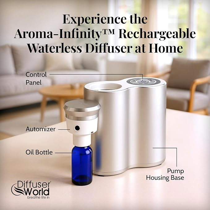 800 Sq Ft Waterless Diffuser for Essential Oils, Made in USA Aroma Infinity Silver Portable Aroma Atomizer for Room Fragrance, Home Scent Machine, Air Aromatherapy