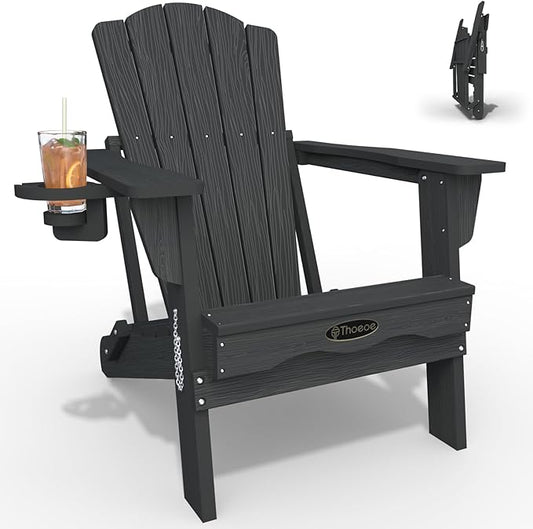 Adirondack Chair, Folding All-Weather Outdoor HDPE Patio Chair with Cup Holder, Grey