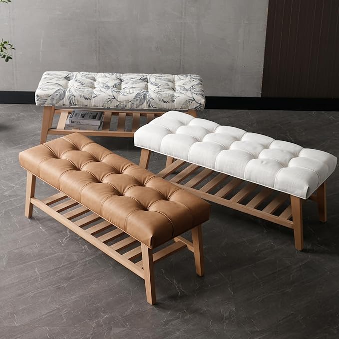 Farmhouse Upholstered Storage Entryway Bench with Shoe Shelf, 2 Tier Faux Leather Button Tufted Bench with Wooden Frame for End of Bed/Hallway/Reception/Living Room, Brown