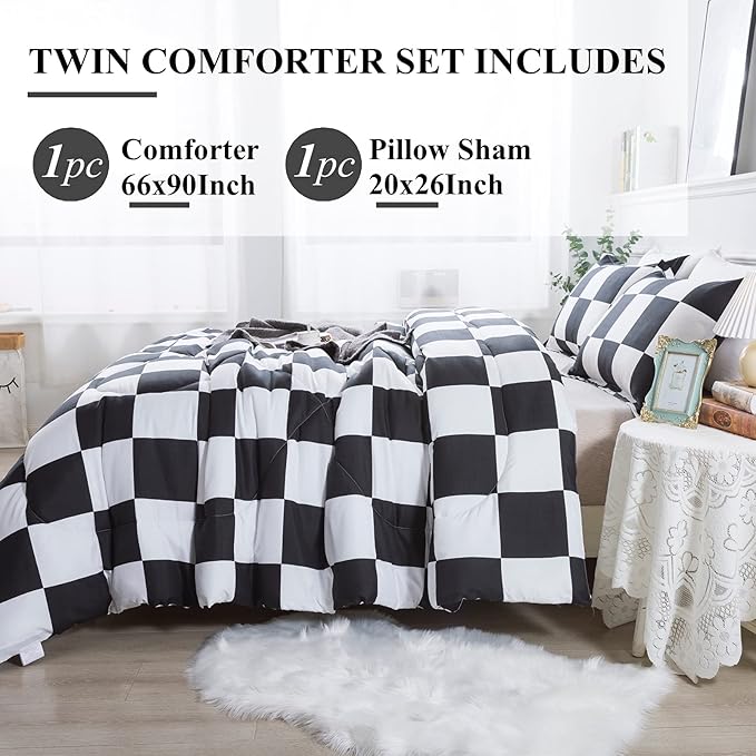 Andency Checkered Comforter Twin(66x90Inch), Black White Plaid Gingham Bed Set for Teen Boys Kids, Lightweight Microfiber Geometric Preppy Bedding, 2 Pieces