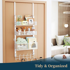 Consumest Over The Door Hooks Organizer - 4 Tier Door Coat Rack with 3 Baskets and 12 Hooks, Stainless Steel Towel Hanger for Bedroom, Bathroom, Living Room, White