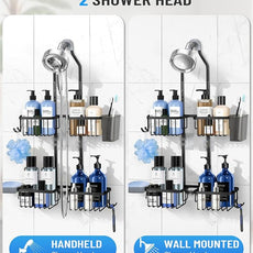 Adjustable Shower Caddy Hanging for Handheld Showerheads - Never Rust Shower Hanging Organizer, Upgraded Bathroom Shower Rack with Soap Basket, Hooks and Toothbrush Holder (Black)