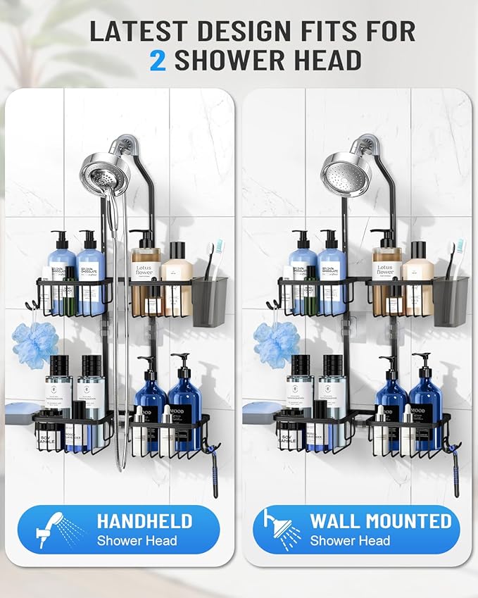 Adjustable Shower Caddy Hanging for Handheld Showerheads - Never Rust Shower Hanging Organizer, Upgraded Bathroom Shower Rack with Soap Basket, Hooks and Toothbrush Holder (Black)