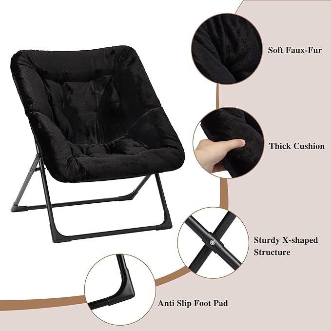 Comfy Saucer Chair for Adults, Soft Faux Fur Bedroom Chair with Ottoman, Accent Dorm Chairs, Living Room Reading Chairs and Footstool, Folding Lounge Seat for Teens, X-Large, Black