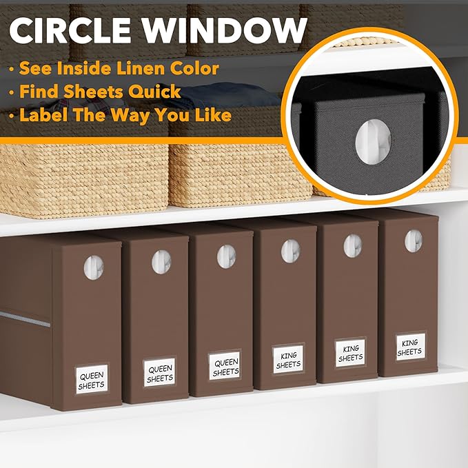 SpaceAid 6 Pack Bed Sheet Organizers and Storage, Foldable Sheet Organizer with Window for Linen Closet, Set Folder Keeper for Queen & King Size Bedding Storage (Brown)