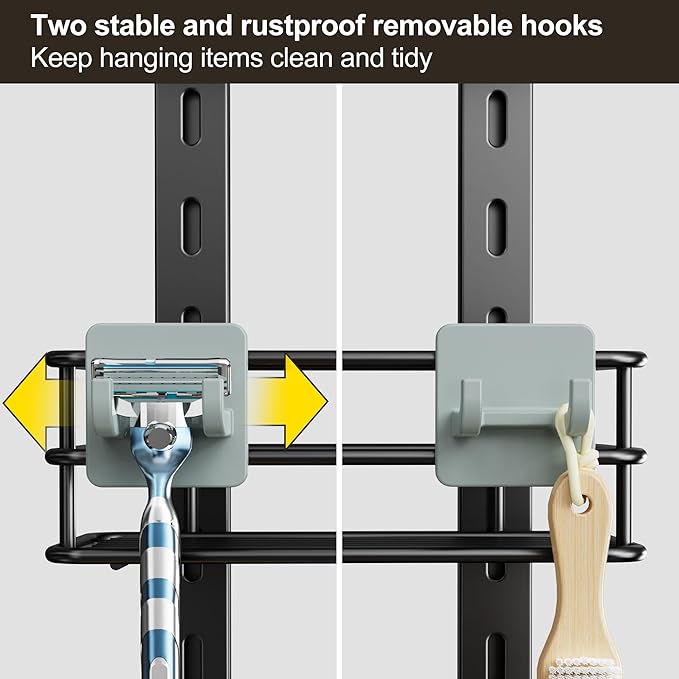 Orimade Adjustable Anti-slip Shower Caddy over Head, Rustproof Bathroom Hanging Organizer with 2 Hooks for Razor, No Drilling Shower Shelves Storage Rack 3 Tier, Black
