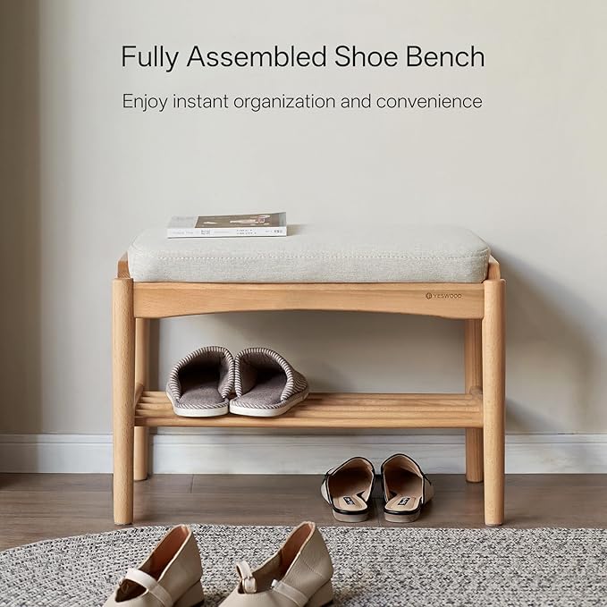 Solid Wood Shoe Bench Assembled, Shoe Rack Bench with Cushion for Entryway, Living Room, Bedroom, Hallway, 11.8" x 23.6" x 16.5", Natural