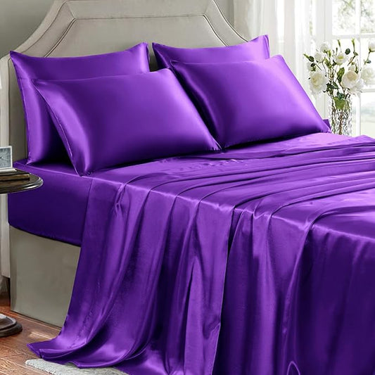 Satin Sheets Full Size - 6 Pieces Luxury Silky Soft Bed Sheets, Wrinkle-Free Dark Purple Satin Silk Sheet Set with 1 Deep Pocket Fitted Sheet, 1 Flat Sheet, 4 Pillow Cases