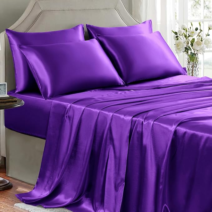 Satin Sheets King Size - 6 Pieces Luxury Silky Soft Bed Sheets, Wrinkle-Free Dark Purple Satin Silk Sheet Set with 1 Deep Pocket Fitted Sheet, 1 Flat Sheet, 4 Pillow Cases